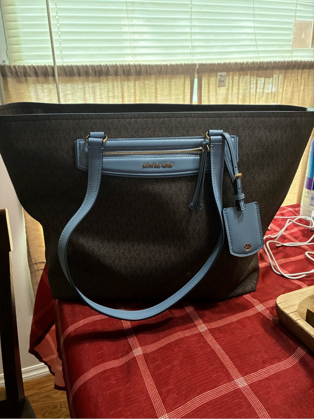 Michael Kors Black Tote with Light Blue Trim and Straps